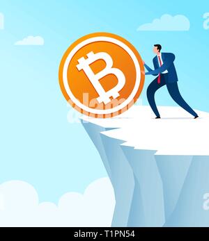 Imprenditore buttare via moneta bitcoin risparmio. Il concetto di Business illustrazione vettoriale. Illustrazione Vettoriale