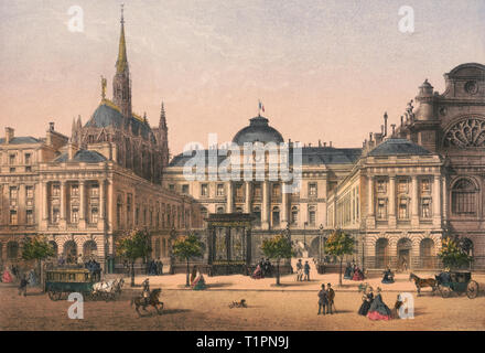 Parigi. Palais de Justice et Ste. Chapelle - stampa mostra un livello strada vista del Palais de Justice e Sainte-Chapelle, Parigi, Francia, con pedoni e pullman sulla strada in primo piano. Circa nel 1870 Foto Stock