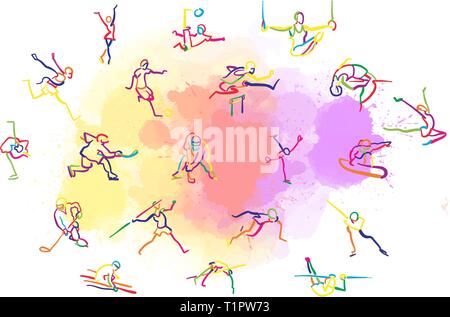 Set di colorati Stickman sport. Disegnate a mano illustrazione vettoriale, creative sfondi serie. Illustrazione Vettoriale