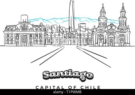 Santiago del Cile panorama paesaggio con montagne. disegnati a mano il disegno di contorno. Illustrazione Vettoriale