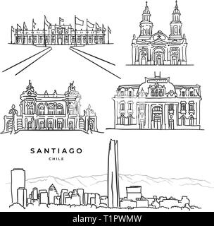 Santiago del Cile celebre architettura disegnata a mano le icone in bianco e nero disegno vettoriale Illustrazione Vettoriale