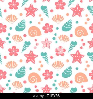 Carino esotici colorati estate vettore seamless pattern illustrazione dello sfondo con conchiglie, starfishes, fiori di ibisco e le bolle Illustrazione Vettoriale