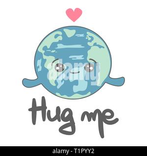 Vettore di carino disegnato a mano scritte hug me card con il cartoon pianeta terra concetto illustrazione Illustrazione Vettoriale