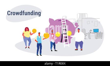 Casual gruppo di persone investimento di denaro investitore concetto crowdfunding imprenditori investono dollar monete salvadanaio folla finanziamento sfondo scuro Illustrazione Vettoriale