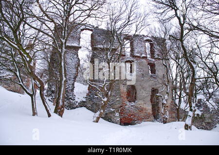 Vecchio rudere misterioso castello nei Carpazi in inverno giorno nuvoloso Foto Stock