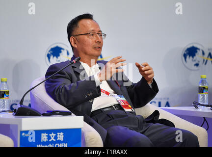 Boao, cinese della provincia di Hainan. 28 Mar, 2019. Wenchi Chen, presidente e CEO del gruppo VIA, parla alla sessione del '5G: portare le cose alla vita con la IoT' durante il Forum Boao per l Asia conferenza annuale a Boao, Cina del sud della provincia di Hainan, 28 marzo 2019. Credito: Guo Cheng/Xinhua/Alamy Live News Foto Stock