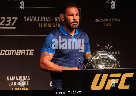 UFC 237: Namajunas X Andrade - Ex UFC Ambasciatore brasiliano Rodrigo Minotauro durante una conferenza stampa di apertura annuncio di UFC 237: Namajunas X Andrade, evento previsto per il mese di maggio 11 a Jeunesse Arena di Rio de Janeiro. Foto: Jotta de Mattos / AGIF Foto Stock