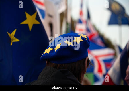 London, Regno Unito 28 marzo 2019. A rimangono demonstrantor indossando un berretto con euro stelle al di fuori di Westminister. Credito Savasadia Sandip / Alamy Live News Foto Stock