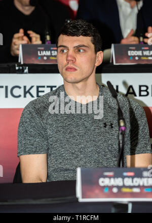 Liverpool, Regno Unito. 28 marzo, 2019. Craig Glover durante Liam Smith vs. Sam Eggington conferenza stampa finale presso la Cunard Building giovedì 28 marzo 2019. LIVERPOOL, in Inghilterra. (Solo uso editoriale, è richiesta una licenza per uso commerciale. Nessun uso in scommesse, giochi o un singolo giocatore/club/league pubblicazioni.) Credito: Taka G Wu/Alamy News Foto Stock