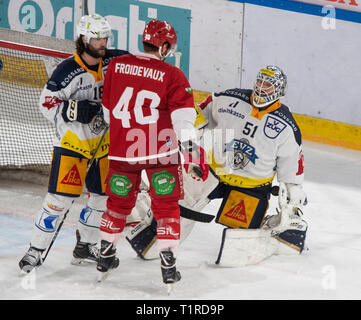 Losanna, Svizzera. 28 marzo, 2019. LNA svizzera di hockey su ghiaccio HC LOSANNA VS EV ZUG - Lausanne Hc Vs RV Zug a Vaudoise Arena, Losanna (Playoff, semi-finale atto II), 28-03-2019. Credito: Eric Dubost/Alamy Live News Foto Stock