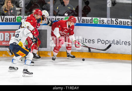 Losanna, Svizzera. 28 marzo, 2019. LNA svizzera di hockey su ghiaccio HC LOSANNA VS EV ZUG - Lausanne Hc Vs RV Zug a Vaudoise Arena, Losanna (Playoff, semi-finale atto II), 28-03-2019. Credito: Eric Dubost/Alamy Live News Foto Stock