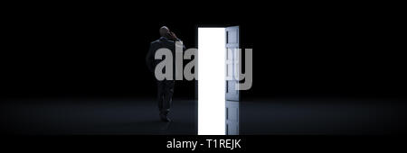 Imprenditore scegliendo lo sportello destro. Il rendering 3D Foto Stock