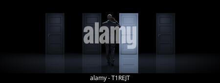 Imprenditore scegliendo lo sportello destro. Il rendering 3D Foto Stock