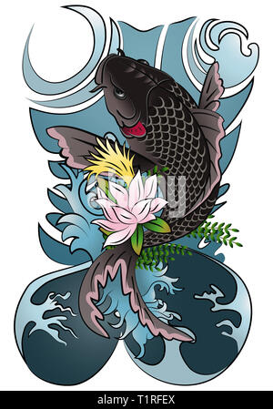 Illustrazione di un Giappone pesce Koi tipo nero ornamento tradizionale tattoo isolati su sfondo bianco Foto Stock