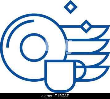 Piatti e tazze icona linea concept. Piatti e tazze piatto simbolo del vettore, segno, illustrazione di contorno. Illustrazione Vettoriale