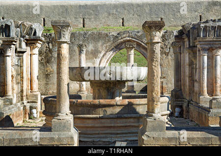 Dettaglio della parte esterna rovine della Santa. Clara locali del monastero di Coimbra (Portogallo) che mostra una fontana di pietra circondato da colonne ornate. Foto Stock