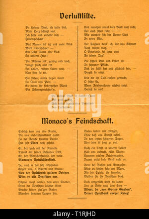 Europa, Germania, Sassonia, Dresda, WW I, opuscolo con canzoni patriottiche: 'nuovi rapporti di guerra in canzoni ' per rafforzare il focolare in tempi difficili per le persone e l'esercito, No. 3, 1914, pagina 3 di 4, editore: F. A. Geißler, Dresda, casa editrice: J. Bettenhausen, Dresda. stampato da Wagner e Humann, Dresda., Additional-Rights-Clearance-Info-Not-Available Foto Stock