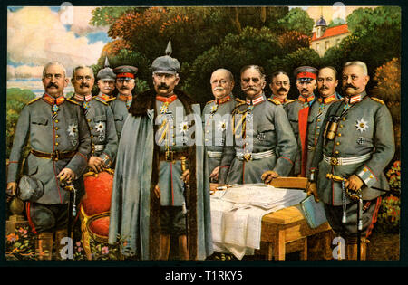 Germania, Berlino, WW I, propaganda, patriottica cartolina con il titolo: "I nostri strateghi in Oriente ', foto di gruppo, da sinistra a destra: von Linsingen, v. Woyrsch, v.d. Marwitz, v. Francois, Imperatore Guglielmo II, v. Eichhorn, v. Mackensen, v. Litzmann, v. Di seguito, Ludendorff, v. Hindenburg, cartolina è stato inviato 27. 01. 1916, pubblicato da Stengel e Co., Dresda. , Additional-Rights-Clearance-Info-Not-Available Foto Stock