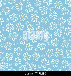 Carino astratto bianco disegnati a mano daisis su sfondo blu vector seamless pattern. Whimsical di pasqua stampa floreale. Semplicistico ditsy blumi. Minimi rétro Illustrazione Vettoriale