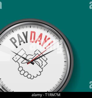 Payday tempo. Vettore di bianco orologio con slogan motivazionali. Analogico orologio in metallo con vetro. Trasferimento di denaro icona Illustrazione Vettoriale