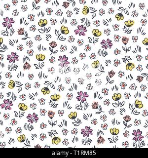 Carino ditsy abstract disegnati a mano Fiori su fondo bianco vector seamless pattern. Whimsical di pasqua stampa floreale. Semplicistico ditsy blumi. Retrò mini Illustrazione Vettoriale