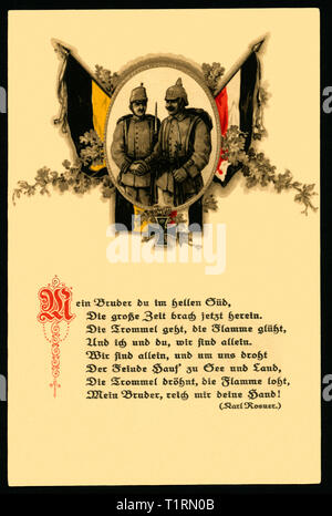 WW I, propaganda, cartolina patriottica come un simbolo di un Tedesco - Austriaco di alleanza con una poesia di Karl Rosner (1873 - 1951). , Additional-Rights-Clearance-Info-Not-Available Foto Stock