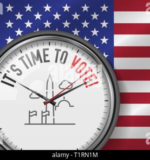 È il momento di votare. Vettore di bianco orologio con slogan motivazionali. Analogico orologio in metallo con vetro. Il Monumento a Washington icona Illustrazione Vettoriale