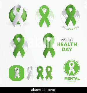 Giornata mondiale della salute dei simboli. Moderno vettore astratto set di segni. Piatto di colore verde nastri. Modello per l'evento di beneficenza, logo medico, flyer Illustrazione Vettoriale