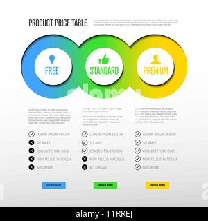 Prodotto Prezzo table template con tre opzioni e moderni colori su uno sfondo luminoso Illustrazione Vettoriale