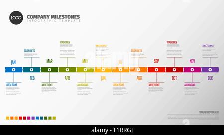Anno intero modello timeline con tutti i mesi su un piano orizzontale di linea di tempo Illustrazione Vettoriale