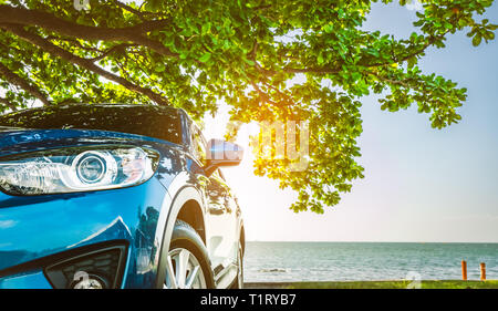 Blue sport Auto SUV parcheggiata dal mare tropicale sotto ombrellone albero. La vacanza estiva in spiaggia. Estate viaggi in automobile. Viaggio su strada. Industria automobilistica. Foto Stock