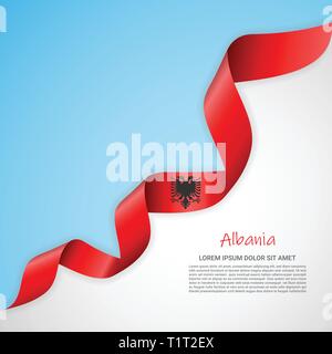 Banner di vettore nei colori del blu e del bianco e agitando il nastro con la bandiera dell'Albania. Modello per la progettazione di poster, opuscoli, materiali stampati, logo Illustrazione Vettoriale