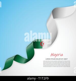 Banner di vettore nei colori del blu e del bianco e agitando nastro con bandiera di Algeria. Modello per la progettazione di poster, opuscoli, materiali stampati, logo Illustrazione Vettoriale