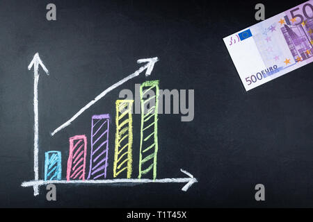 Il grafico mostra l'aumento del target disegnato in gesso su scheda, grafico della crescita dell'Euro Foto Stock