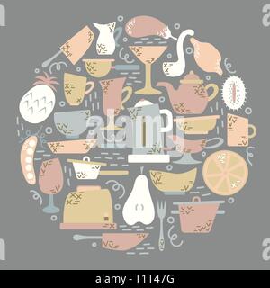 Elettrodomestici per la cucina in stile appartamento con scarabocchi. Utensili per la cottura. La forma rotonda. Illustrazione Vettoriale