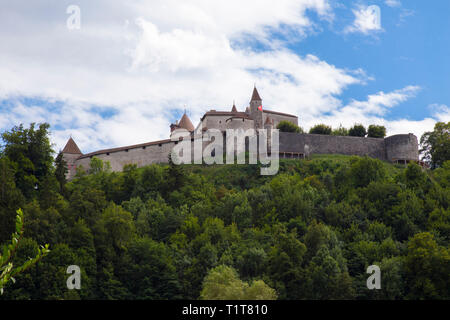 La Svizzera, nel Cantone di Friburgo, Gruyeres, città medievale, il castello. Il castello, uno dei più imponenti in Svizzera, maestosamente presiede Foto Stock