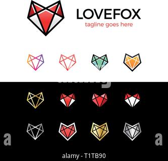Amore testa fox riga logo fox. cuore logotipo impostato Illustrazione Vettoriale