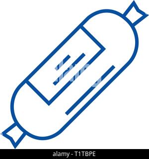 Salsicce, prosciutto icona linea concept. Salsicce, prosciutto piatto simbolo del vettore, segno, illustrazione di contorno. Illustrazione Vettoriale