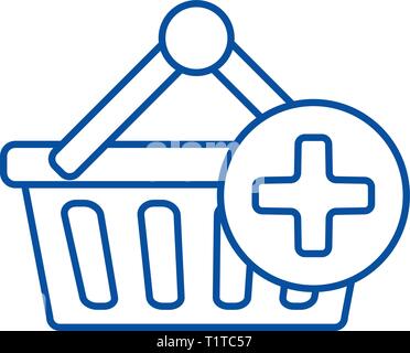 Carrello spesa plus icona linea concept. Carrello spesa plus piatto simbolo del vettore, segno, illustrazione di contorno. Illustrazione Vettoriale