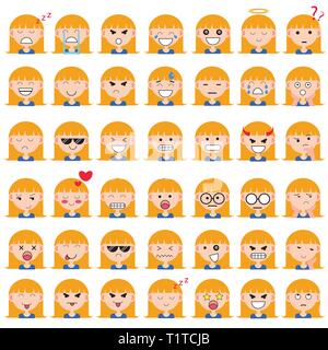 Illustrazione della ragazza carina volti che mostra diverse emozioni. Di gioia e di tristezza, rabbia parlando, divertente, paura, sorriso. Illustrazione isolato su bianco backgroun Illustrazione Vettoriale