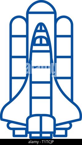 Razzo Spaziale, lancio astronave icona linea concept. Razzo Spaziale, lancio astronave piatto simbolo del vettore, segno, illustrazione di contorno. Illustrazione Vettoriale