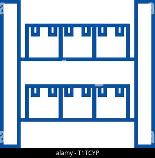 Stock, magazzini industriali icona linea concept. Stock, magazzini industriali piatto simbolo del vettore, segno, illustrazione di contorno. Illustrazione Vettoriale