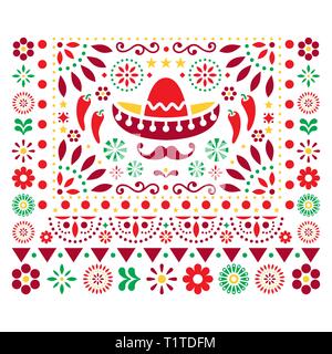 Vettore messicano design floreale con sombrero, peperoncino e fiori, felice ornamento - biglietto di auguri sul modello di invito Illustrazione Vettoriale