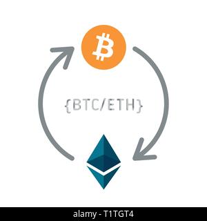 Bitcoin ethereum e cambio valuta. Conversione Cryptocurrency. Bitcoin e ethereum cions simbolo. Illustrazione Vettoriale