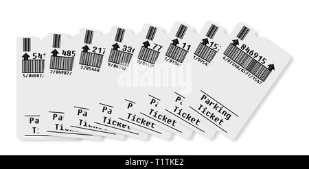 Biglietto per il parcheggio Concetto di immagine - codice a barre e numeri di codice sono realizzati completamente in alto - Concetto di immagine su sfondo bianco per una facile selezione Foto Stock