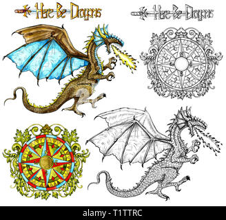 Acquerello doodle nautico illustrazione, avventura fantasy e vintage concetto di trasporto Foto Stock