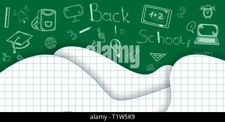 Si torna a scuola background paper cut icona pagine matite lettere sveglia valigetta portatile Lavagna illustrazione vettoriale Illustrazione Vettoriale