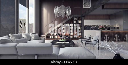 Interni dal design moderno di appartamento con salotto e cucina Rendering 3D Foto Stock