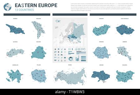 Mappe vettoriali set. Alta 13 dettagliate mappe di paesi dell'Europa orientale con la divisione amministrativa e città. Mappa politico, Mappa di Europa continente, w Illustrazione Vettoriale