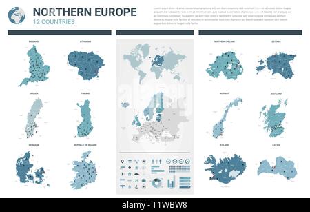 Mappe vettoriali set. Alta 12 dettagliate mappe di paesi del Nord Europa con divisioni amministrative e città. Mappa politico, mappa del continente europeo, Illustrazione Vettoriale